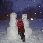 Femke and Jelte with giant snowmen